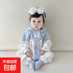 京喜自营-专用品牌 婴儿衣服秋装2026新款公主哈衣宝宝春秋季小兔子连体衣连帽童装 兔耳朵拼接连体冲锋衣蓝色 90cm