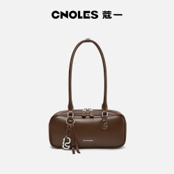 Cnolés Cnoles蔻一烟岚包棕色保龄球包包女新款单肩腋下包高级感法棍包女