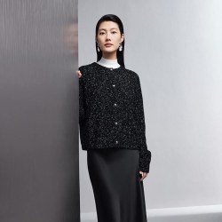 TKY SHOP 精致小香风针织开衫女软糯亲肤保暖绵羊毛山羊绒圆领上衣