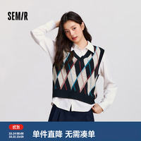 森马 [商场同款]长袖衬衫女菱格短背心易打理衬衣2024冬新款两件套 蓝红色调00386 L 165/88A