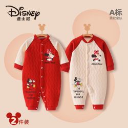 迪士尼 婴儿连体衣秋冬季加厚宝宝哈衣夹棉纯棉保暖爬服喜庆拜年服
