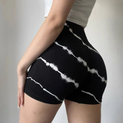 针织高腰扎染无缝瑜伽短裤女跑步提臀紧身运动三分裤骑行健身裤