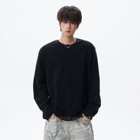 V37 美式肩部刺绣纯色长袖T恤男秋cleanfit休闲百搭圆领打底衫上衣