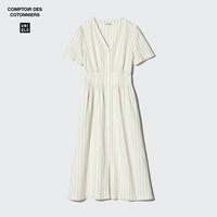 优衣库 麻混纺条纹V领连衣裙/短袖优衣库女装合作款/裙子485751