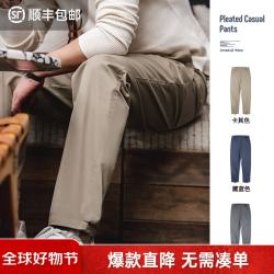 马登 工装 复古单褶直筒休闲裤男美式挺括锥形长裤垂坠耐磨裤子 卡其色 S