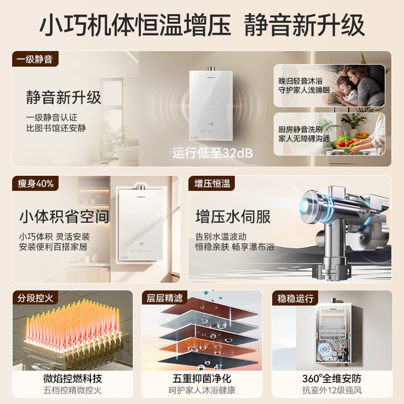 卡萨帝揽光燃气热水器16升家用天然气增压水伺服恒温以旧换新CP3