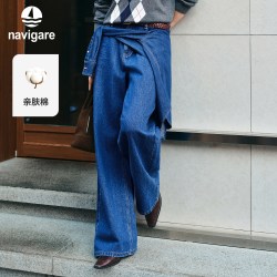 navigare 意大利小帆船蓝色牛仔裤女士直筒长裤