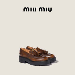 MIU MIU 女士Deco'做旧款流苏饰牛皮革乐福鞋鞋子