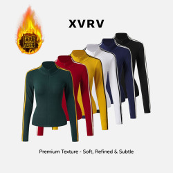 XVRV秋冬新款“磨毛加绒”显瘦百搭上衣撞色条纹长袖半拉链立领T恤
