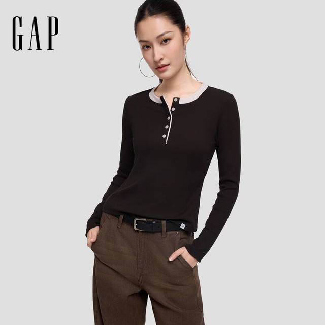 Gap 女装秋季撞色亨利领 罗纹修身圆领长袖上衣