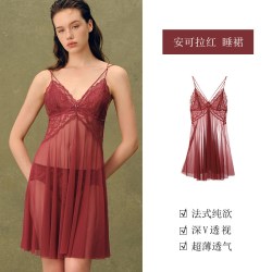 歌瑞尔 红色结婚纯欲蕾丝睡衣美背性感吊带睡裙轻薄家居服2026新款