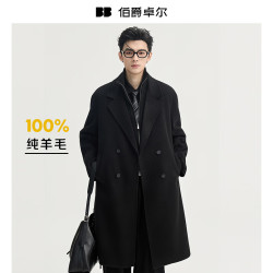伯爵卓尔 高端全羊毛双面呢子大衣100%男士2026秋冬季新中长款通勤男装外套 墨隐黑（中长款）  S (165)
