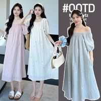 2026孕妇装夏装新款刺绣碎花雪纺裙中长款方领孕妇连衣裙宽松显瘦
