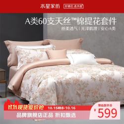 水星家纺 A类60支兰精天丝棉提花四件套莱赛尔+棉床单被套枕罩套件 粉蕊栖绿四件套1.5米床