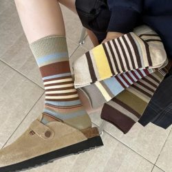 美拉德撞色 条纹中筒袜女韩版复古透气堆堆袜百搭小腿袜子 5双装