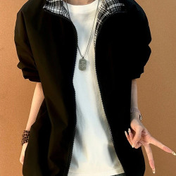 cleanfit格子拼接夹克男春秋季高级感痞帅翻领外套潮牌情侣棒球服