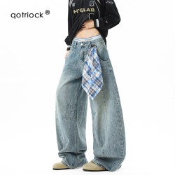 QOTRIOCK 美式可卸方巾水洗弯刀裤男女秋季高街廓形牛仔裤baggy宽松阔腿裤