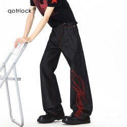 QOTRIOCK 美式花体字母刺绣微喇牛仔裤男女秋季新款潮牌复古街头原牛休闲裤