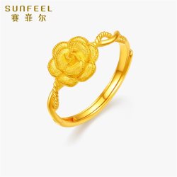赛菲尔 黄金戒指女足金玫瑰花古法金戒指活口可调节送礼新年礼物