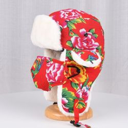 东北红色雷锋帽女款冬季保暖加绒加厚针织帽子潮复古民族风护耳帽