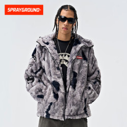 SPRAYGROUND 鲨鱼嘴毛毛棉服男外套秋冬男女情侣保暖连帽毛绒棉衣WD931121 深灰色 M