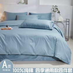 晓人物 喷气全棉13376斜纹纯棉简约纯色四件套蓝色四季通用40支床品套件