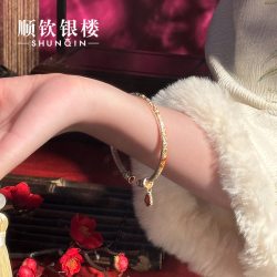 顺钦银楼 S999纯银手镯女新中式锦上添花足银镯子吉言礼物
