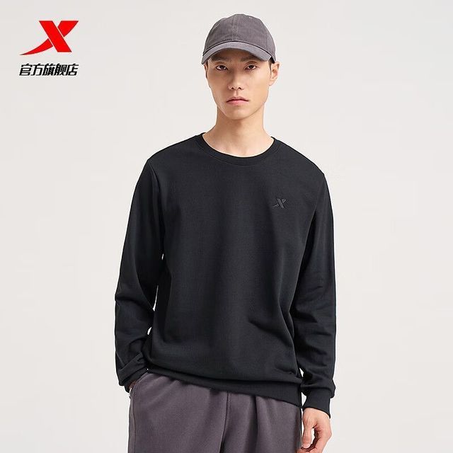 特步 圆领卫衣男款秋季新款爸爸针织套头衫运动服长袖上衣简约男装