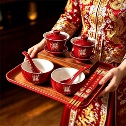 结婚用品敬茶杯陶瓷喜碗喜杯喜筷套装礼盒新人改口陪嫁碗茶具大全