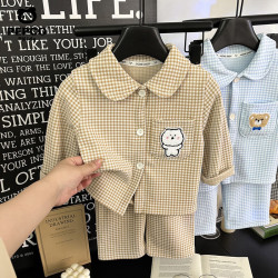 小猪班纳 儿童家居服套装女宝宝秋季卡通开衫长袖睡衣两件套男童翻领套装 咖色 120