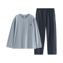 秋季弹力条纹圆领长袖棉家居服睡衣套装 95%棉+5%氨纶 M 灰兰-FX1852男款