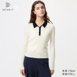 3D精纺美利奴羊毛混纺罗纹POLO领拼色针织衫优衣库女装毛衣491606