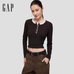 Gap 2KN623019 撞色亨利领罗纹修身 深棕色 S 女士T恤