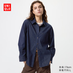 优衣库 牛仔衬衫/长袖水洗产品女装/衬衣空调衫492461 69 藏青色