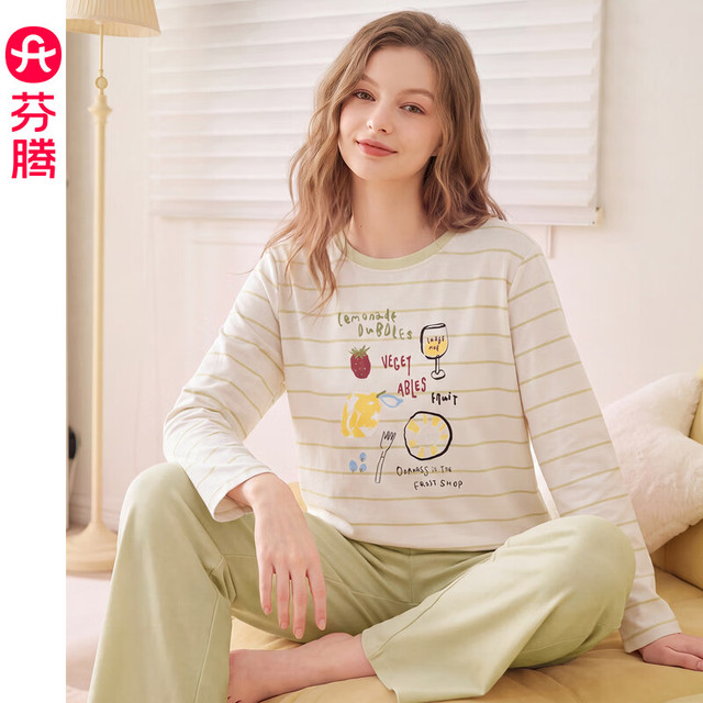芬腾 100％棉带胸垫7A抗菌女秋季睡衣