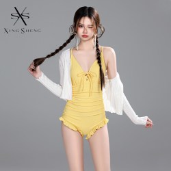型盛 泳衣女款2026年新款爆款微胖女孩遮肉显瘦黄色高级感长袖防晒罩衫