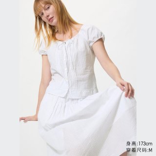 移动端：麻混纺U领衬衫/短袖优衣库女装/衬衣空调衫483892