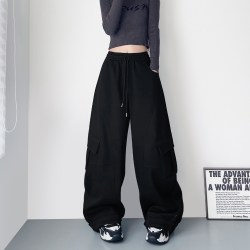 蜜略 大码美式工装卫裤女秋冬抽绳高腰阔腿裤宽松大口袋垂感休闲运动裤