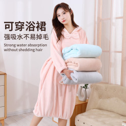 可穿式带帽浴裙秋冬浴袍女成人加厚澡衣吸水速干柔软家居睡袍