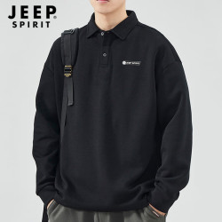 JEEP SPIRIT 长袖POLO衫男秋季翻领卫衣男宽松舒适运动休闲上衣男 黑色M