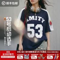 马登 美式运动风V领宽松网眼短袖t恤女士秋撞色
