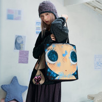 MEDM X YUY玉联名 FW26 原创手绘小玉大容量帆布包日常百搭小众布袋 黑色 45CM*36CM