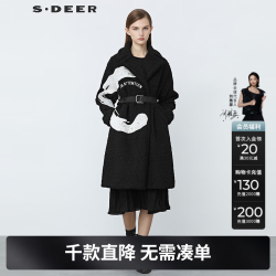 S.DEER 2021冬季女装翻领收腰字母泰迪毛长款外套S21481829 黑色