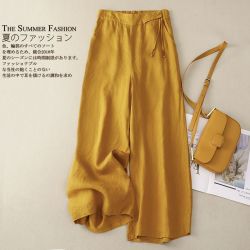 冰悦希 新中式文艺棉麻阔腿裤女春夏新款宽松复古阔腿裤高腰垂感休闲裤子