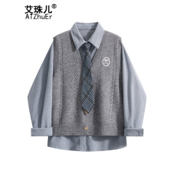 艾珠儿 衬衫女英伦学院风针织马甲秋季叠穿长袖衬衫带领带两件套装女 灰色两件套 均码