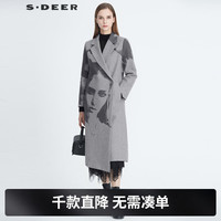S.DEER sdeer圣迪奥冬季通勤保暖女装西装领人像印花中长款毛呢长袖中长款大衣S20481818 灰/67 S 160
