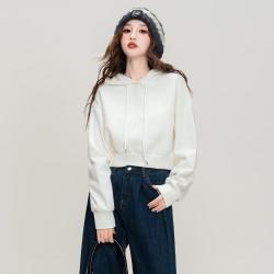 ilovechoc 时尚抽绳连帽短款卫衣女秋新年红色宽松显瘦纯色简约休闲上衣