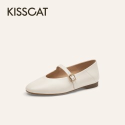KISSCAT [小甜豆]芭蕾复古一字带玛丽珍一脚蹬真皮平底单鞋