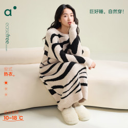 安之伴 半边绒混纺抗静电 杏子灰 L 女士睡袍