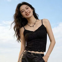 千奈美 法式轻奢蕾丝吊带背心美背带胸垫 黑色